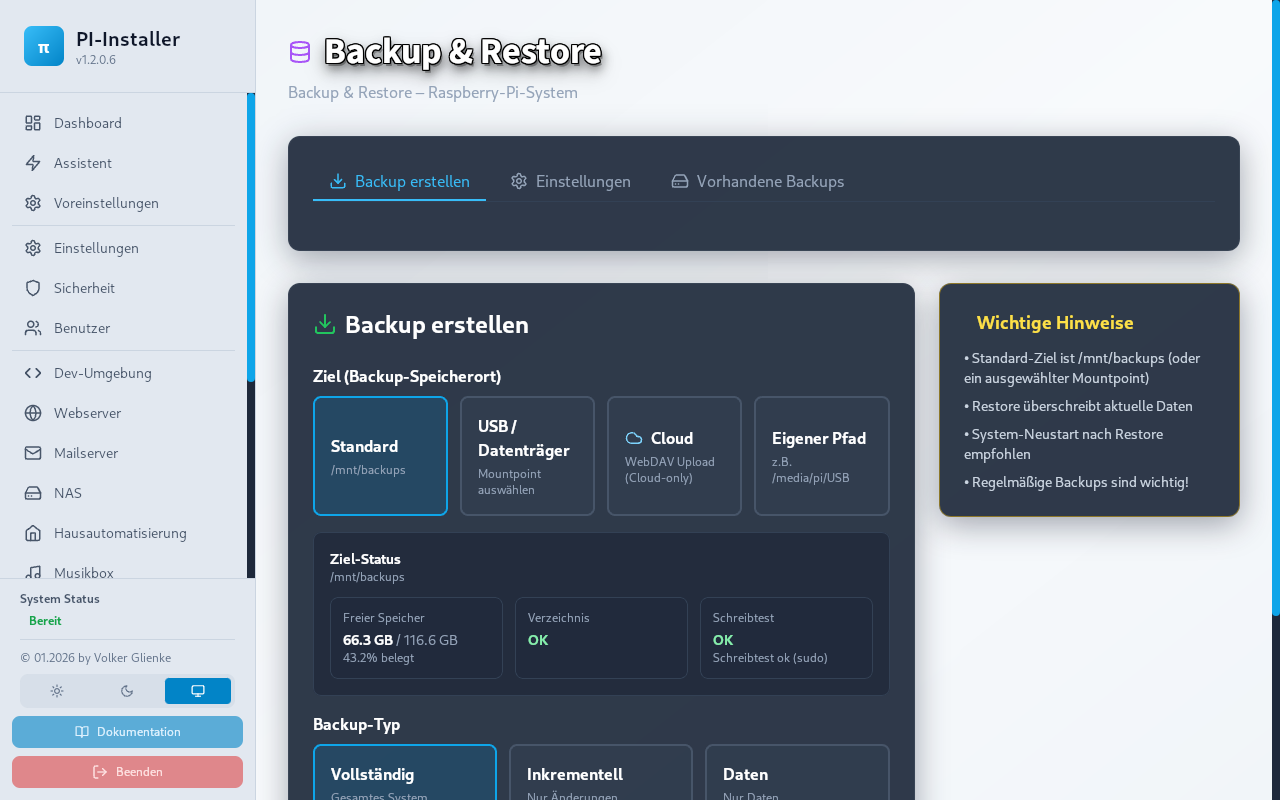 Backup-Bereich in Setuphelfer Core