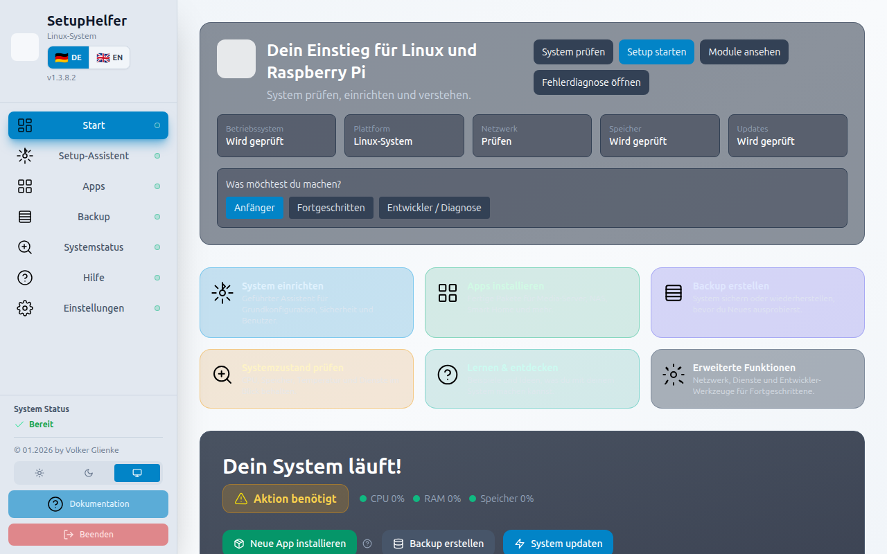 Dashboard: Systemstatus SetupHelfer